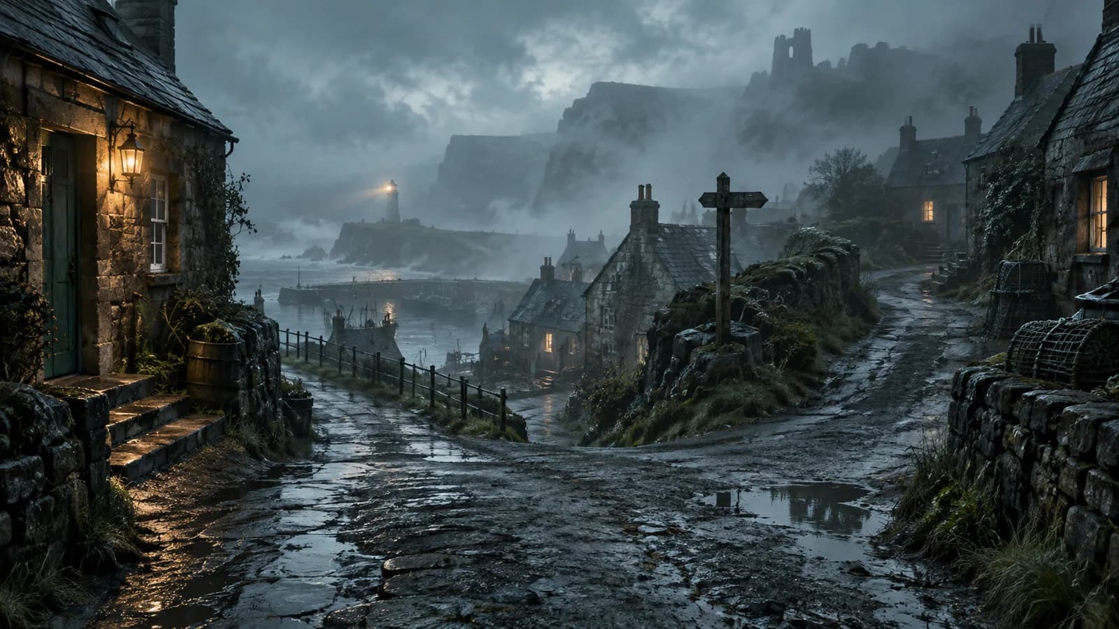 Original illustration of a wet coastal village lane fading into blue sea fog.
